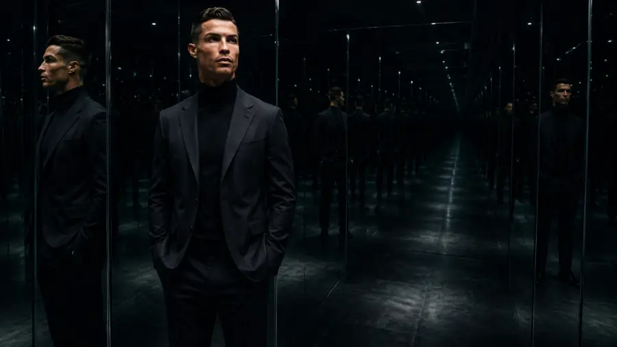 Cristiano Ronaldo in a Black Suit Standing in an Infinite Mirror Maze 4K wallpaper for desktop and mobile - Pixbee