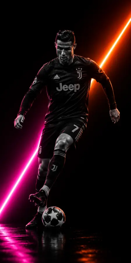 Cristiano Ronaldo Neon Light Juventus Dribble — football phone wallpaper