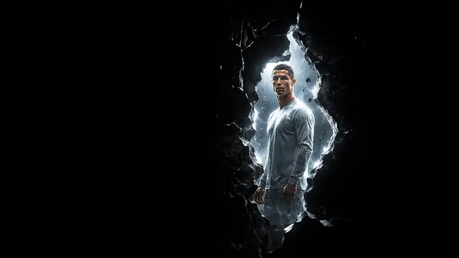 Cristiano Ronaldo Stepping Through a Shattered Crack in a Dark Wall 4K wallpaper for desktop and mobile - Pixbee