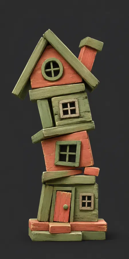 Crooked Stacked Wooden Block Toy House Tower 4K wallpaper for desktop and mobile - Pixbee