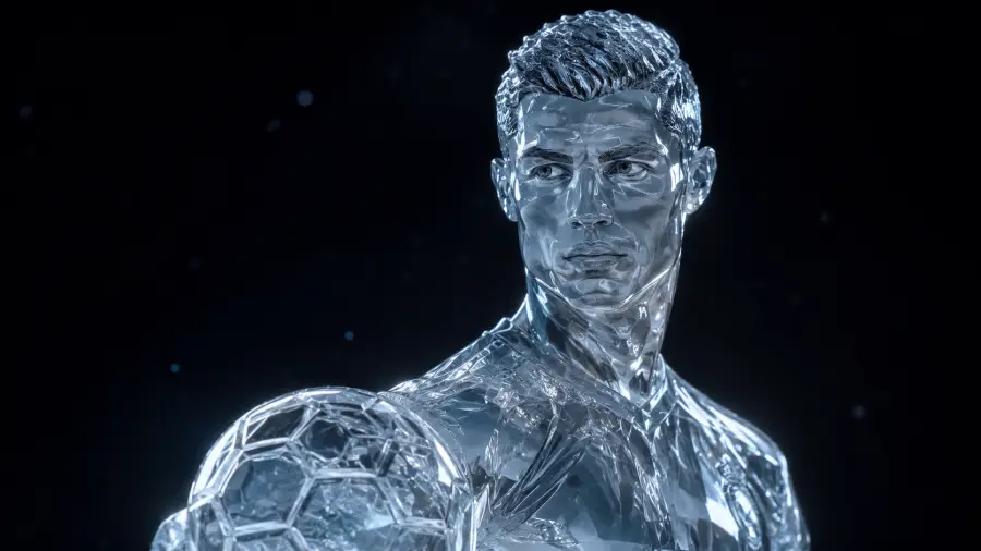 Crystal Glass Portrait Bust of Cristiano Ronaldo Next to a Clear Football 4K wallpaper for desktop and mobile - Pixbee