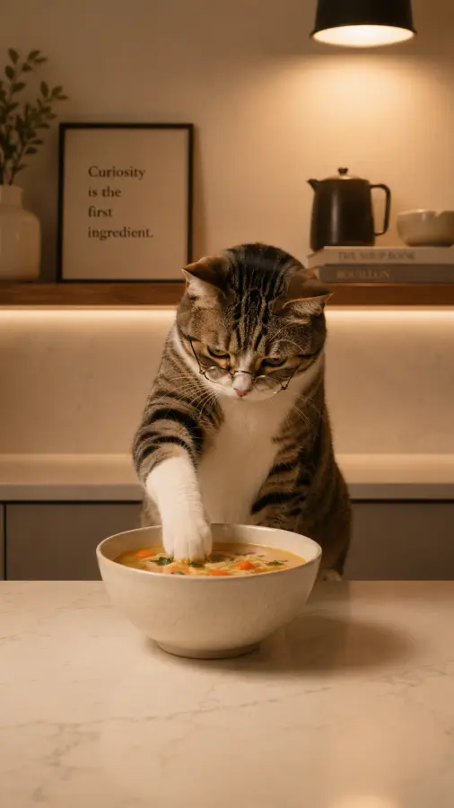 “Curiosity didn’t kill the cat… but the soup definitely got judged. 🍜🐱” 4K wallpaper for desktop and mobile - Pixbee
