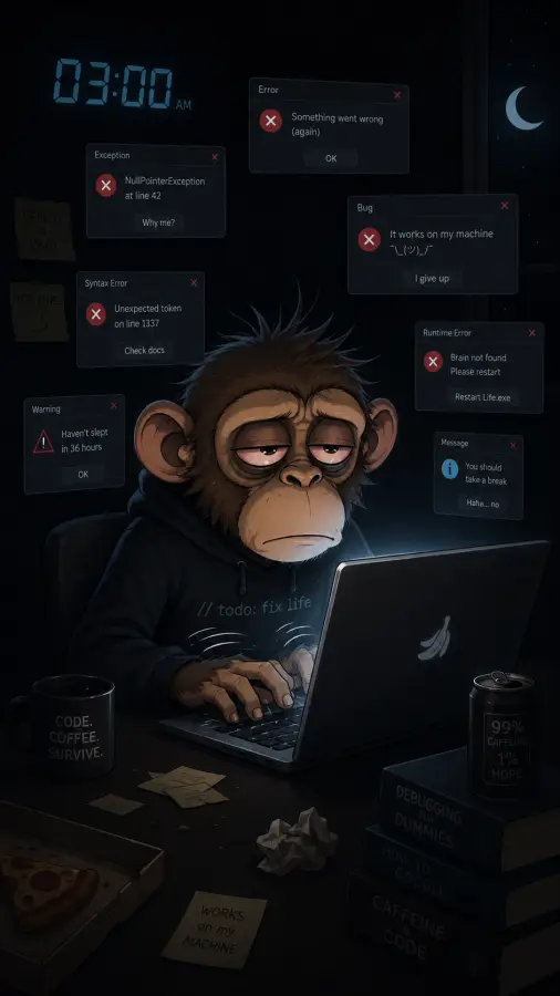 “Current status: emotionally compiled, mentally crashed.” 💻🐒 4K wallpaper for desktop and mobile - Pixbee
