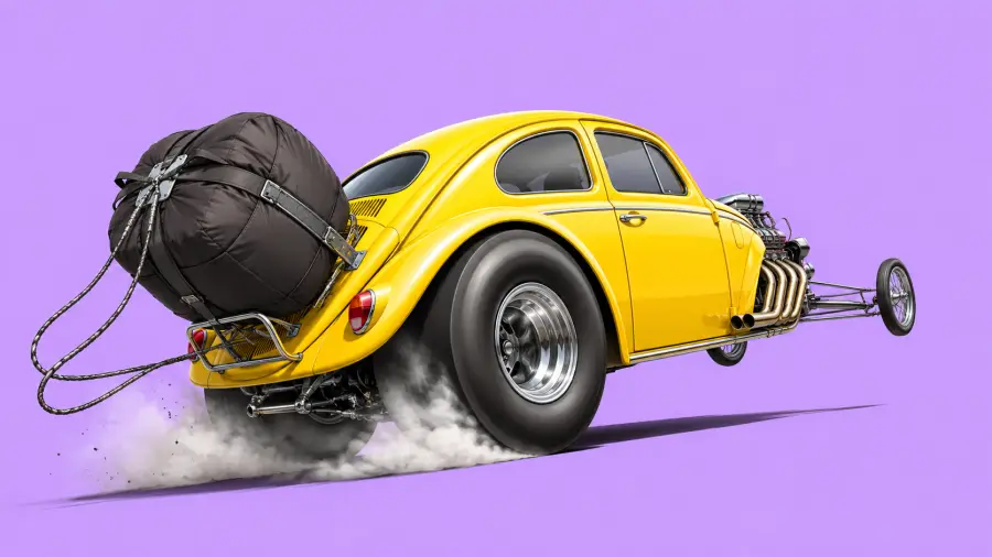 Custom Yellow Volkswagen Beetle Drag Racer Popping a Wheelie 4K wallpaper for desktop and mobile - Pixbee