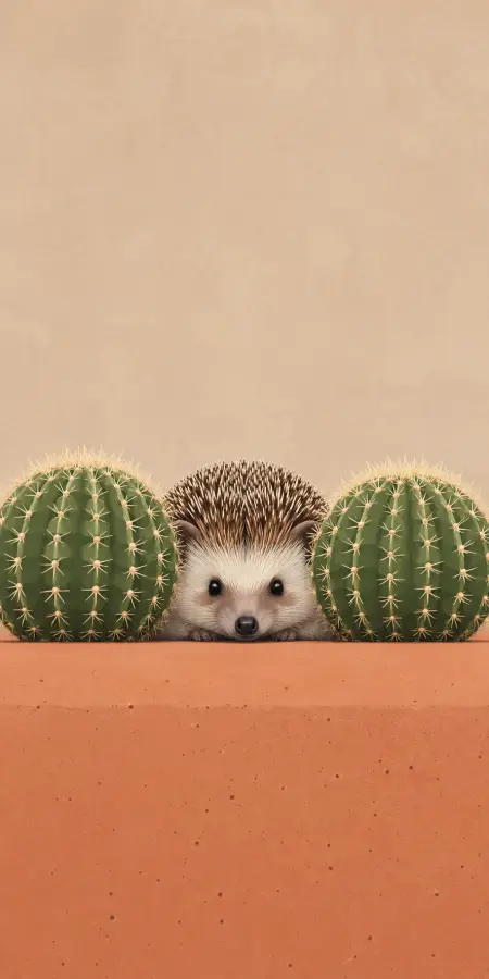 Cute Hedgehog Peeking From Behind Round Cactuses 4K wallpaper for desktop and mobile - Pixbee