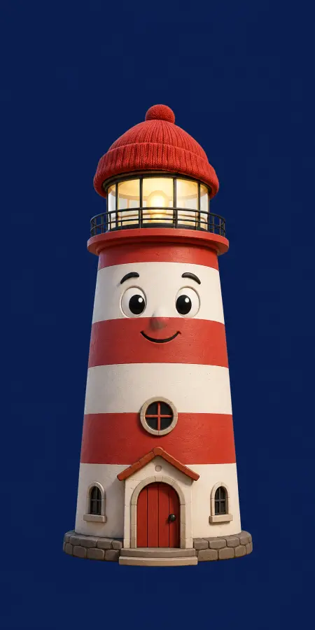 Cute Red Striped Lighthouse Character Wearing Beanie 4K wallpaper for desktop and mobile - Pixbee