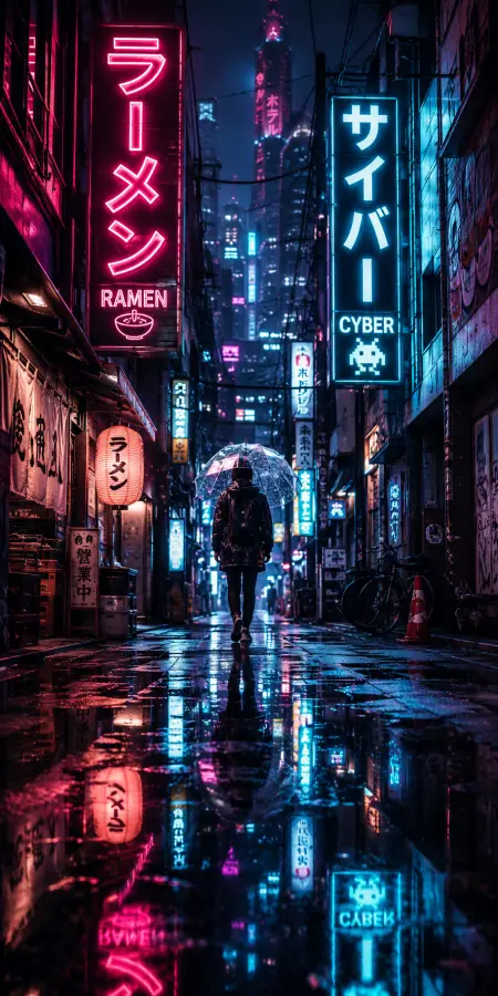 Cyberpunk City Alleyway Neon Signs Rain 4K wallpaper for desktop and mobile - Pixbee
