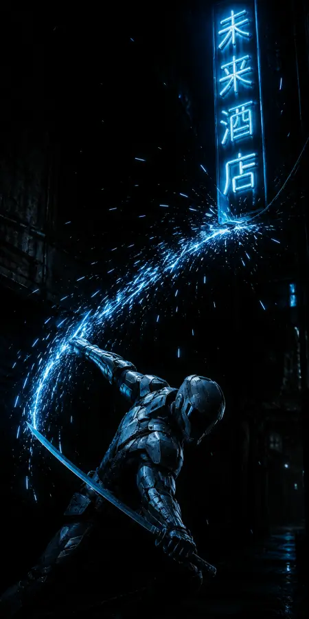 Cyberpunk Ninja Slashing Under Neon Sign — ue5 phone wallpaper