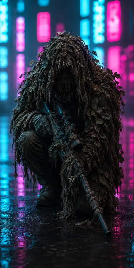 Cyberpunk Sniper In Ghillie Suit Neon — ue5 phone wallpaper