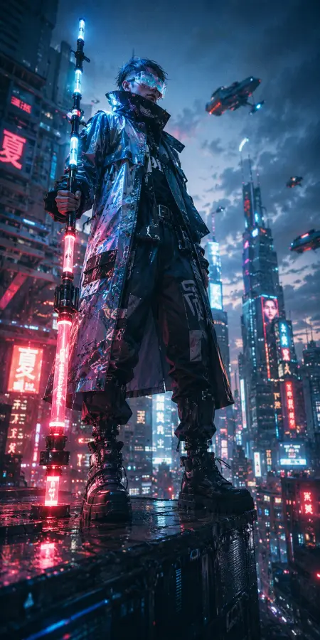Cyberpunk Warrior Holding Glowing Energy Staff — ue5 phone wallpaper