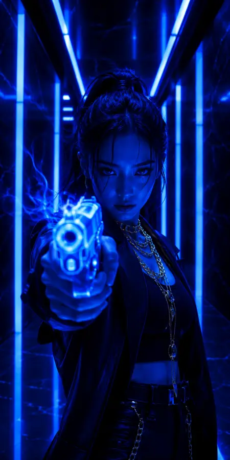Cyberpunk Woman Aiming Neon Laser Gun 4K wallpaper for desktop and mobile - Pixbee