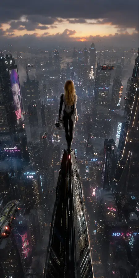 Cyberpunk Woman Standing On Skyscraper Peak 4K wallpaper for desktop and mobile - Pixbee