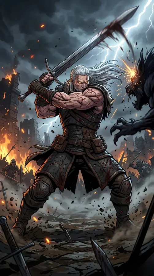 Dark Fantasy Warrior Battle Aesthetic - Witcher 4K wallpaper for desktop and mobile - Pixbee