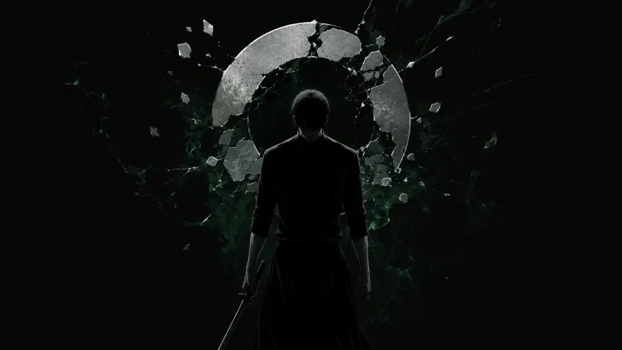 Dark Silhouette of an Anime Man Holding a Sword in Front of a Shattered Stone Ring 4K wallpaper for desktop and mobile - Pixbee
