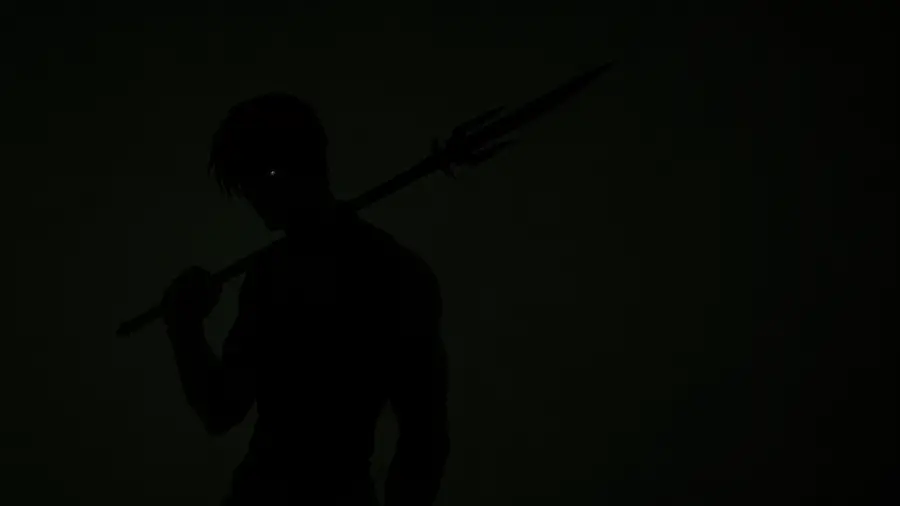 Dark Silhouette of an Anime Warrior Carrying a Trident Over His Shoulder 4K wallpaper for desktop and mobile - Pixbee