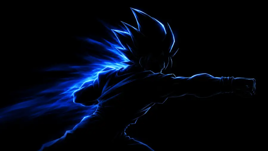 Dark Silhouette of Goku Delivering a Punch with Dynamic Electric Blue Energy Trails 4K wallpaper for desktop and mobile - Pixbee