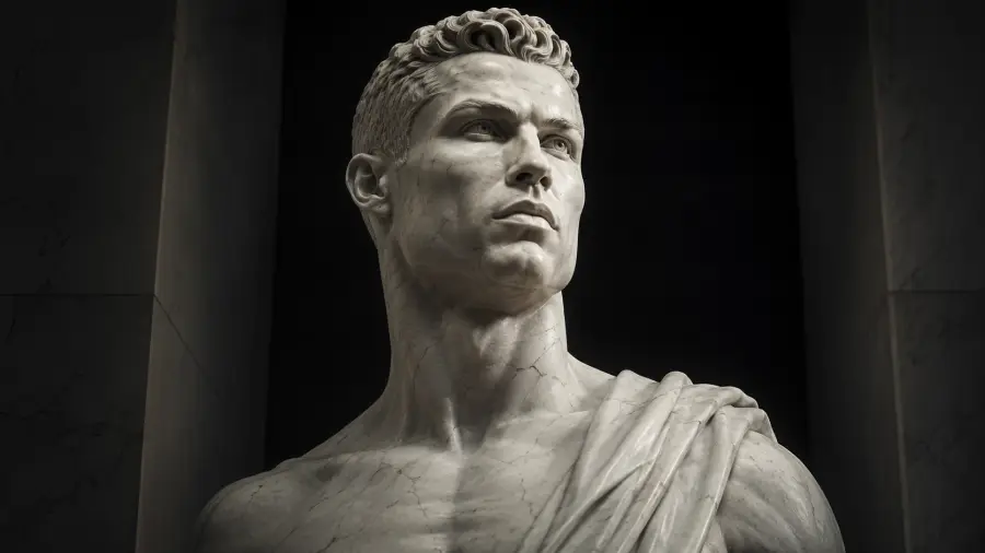 Detailed Marble Statue Portrait of Cristiano Ronaldo Framed by Pillars 4K wallpaper for desktop and mobile - Pixbee