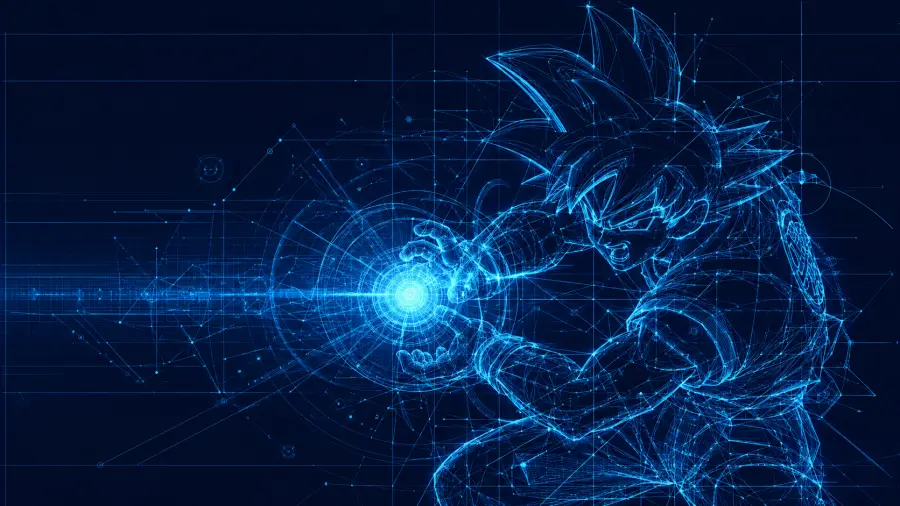 Digital Blueprint Grid and Wireframe Anime Character 4K wallpaper for desktop and mobile - Pixbee