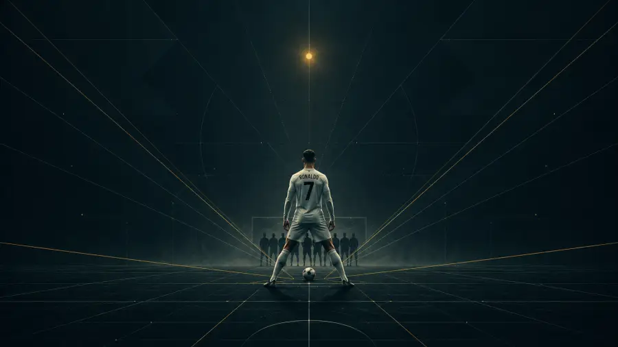 Dramatic Rear View of Cristiano Ronaldo Standing Over a Football on a Grid Stage 4K wallpaper for desktop and mobile - Pixbee