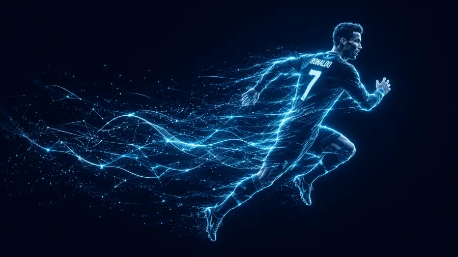 Electric Blue Neon Wireframe Silhouette of Cristiano Ronaldo Sprinting 4K wallpaper for desktop and mobile - Pixbee