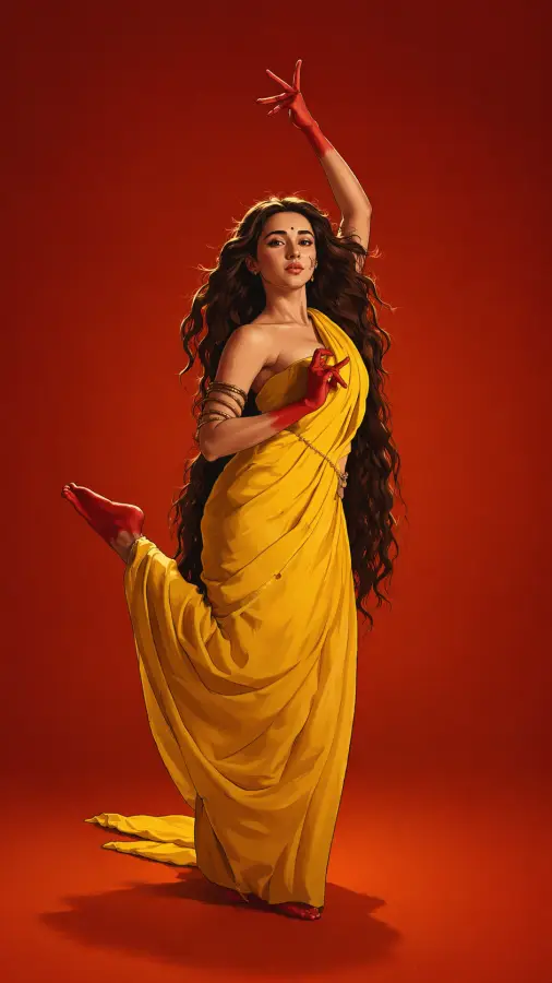 Elegant Classical Dance Pose – Bold Red & Yellow Indian Aesthetic 4K wallpaper for desktop and mobile - Pixbee