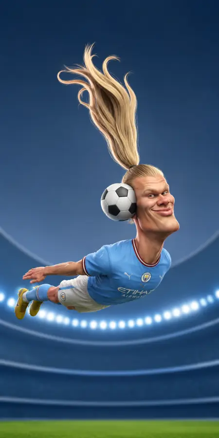Erling Haaland Flying Ponytail Header Caricature — football phone wallpaper