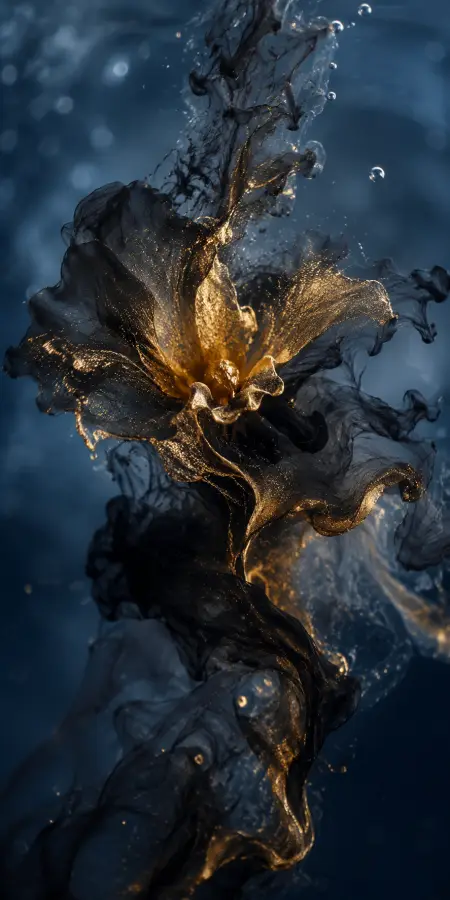 Ethereal Gold and Black Ink Splatter 4K wallpaper for desktop and mobile - Pixbee