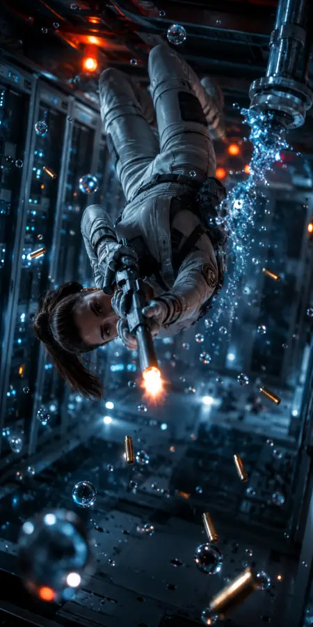 Female Soldier Firing Weapon In Zero Gravity — ue5 phone wallpaper