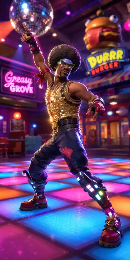Fortnite Funk Ops Dancing Greasy Grove Disco 4K wallpaper for desktop and mobile - Pixbee