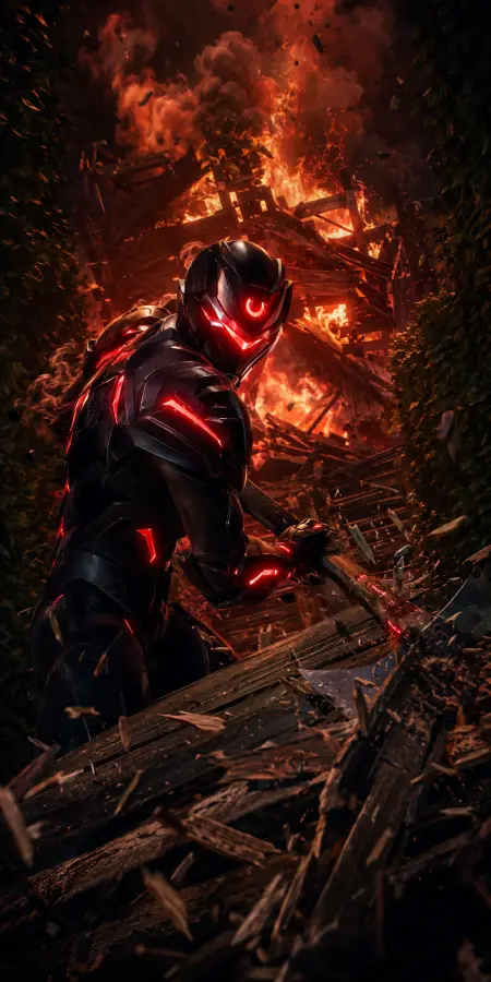 Fortnite Omega Skin in Burning House 4K wallpaper for desktop and mobile - Pixbee