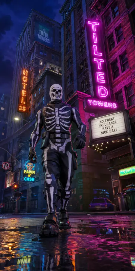 Fortnite Skull Trooper in Tilted Towers 4K wallpaper for desktop and mobile - Pixbee