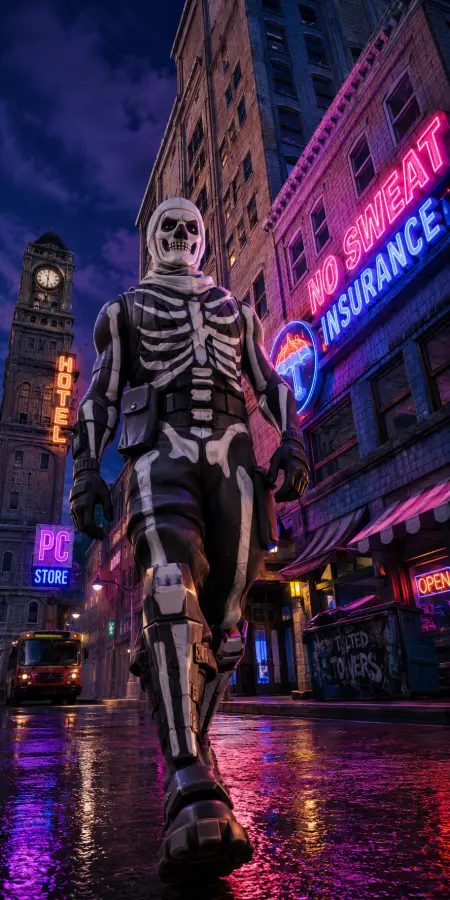Fortnite Skull Trooper Tilted Towers Night 4K wallpaper for desktop and mobile - Pixbee