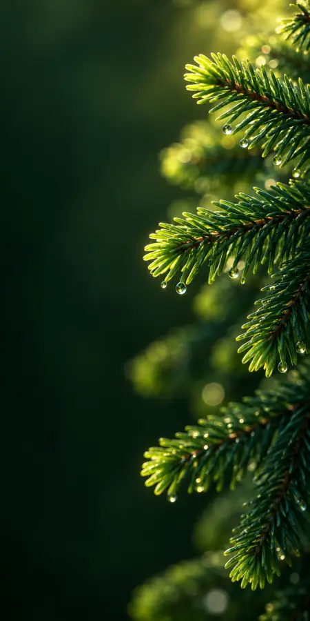 Fresh Pine Needles Morning Dew Drops — iphone 18 pro max phone wallpaper