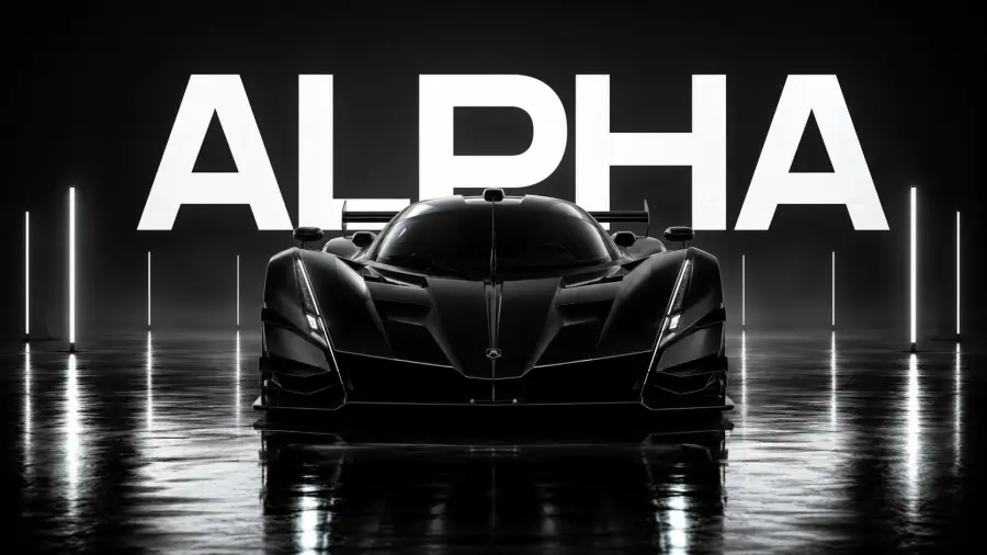 Front View of a Sleek Black Hypercar Positioned Before Massive Glowing White Alpha Typography 4K wallpaper for desktop and mobile - Pixbee