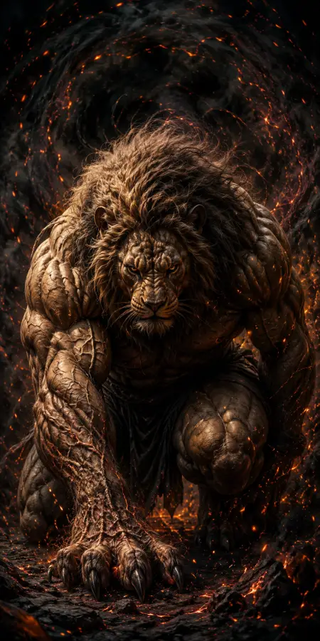 Furious Muscular Lion Crouching Amid Explosive Sparks 4K wallpaper for desktop and mobile - Pixbee