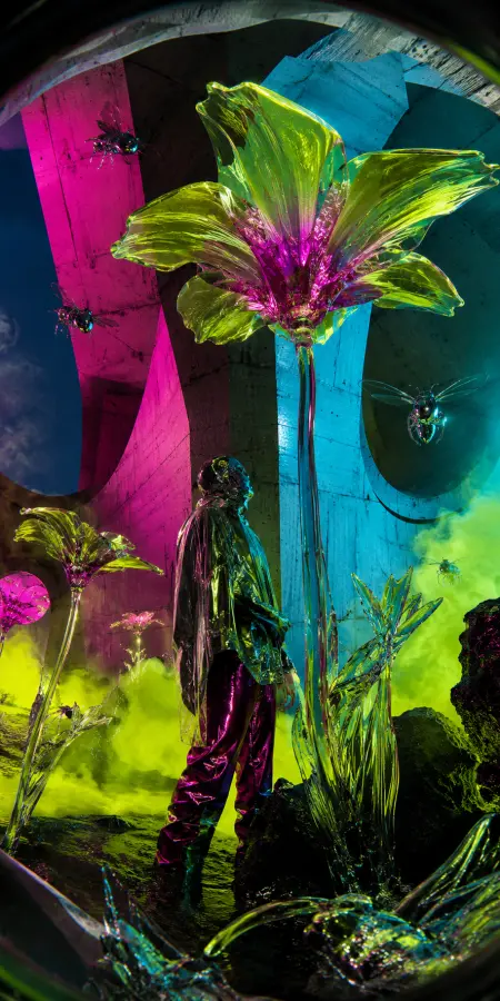 “Neon Bloom in a Synthetic Eden.” 4K wallpaper for desktop and mobile - Pixbee