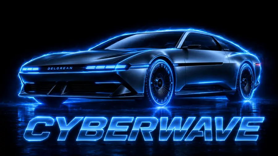Futuristic DeLorean Car Surrounded by Electric Blue Lightning Trails Above Blue Neon Typography Reading Cyberwave 4K wallpaper for desktop and mobile - Pixbee