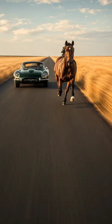Galloping Horse Beside Green Jaguar E Type — cars phone wallpaper