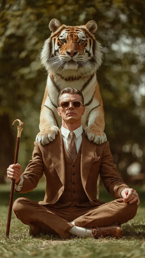 Gentleman Meditating With Tiger Guardian Behind 4K wallpaper for desktop and mobile - Pixbee