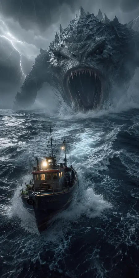 Giant Sea Monster Attacking Fishing Boat — stock images phone wallpaper