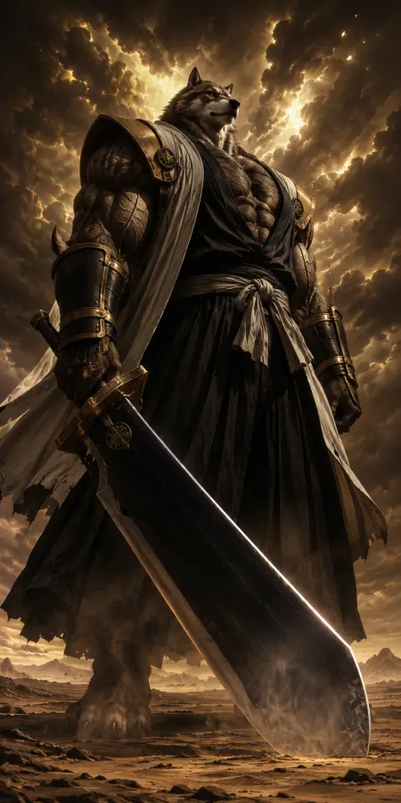 Giant Wolf Warrior Holding Massive Sword 4K wallpaper for desktop and mobile - Pixbee