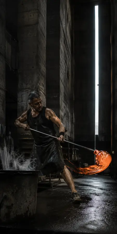 Glassblower Swinging Molten Glass In Factory — ue5 phone wallpaper