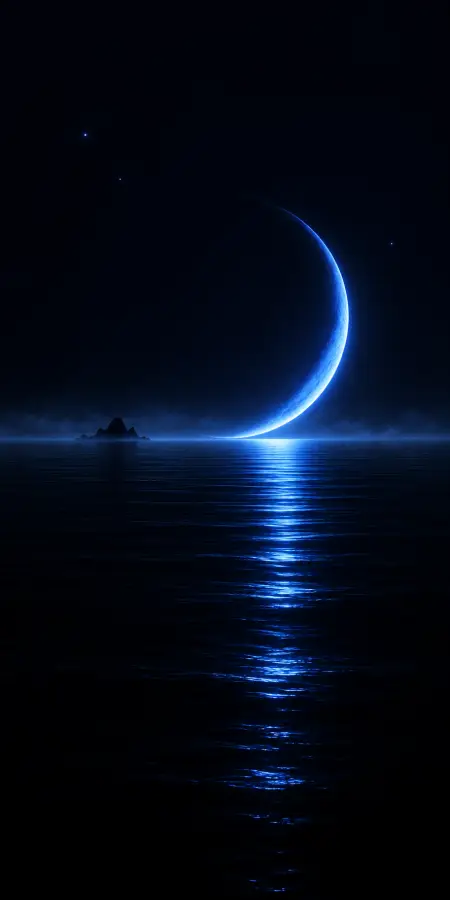 Glowing Blue Crescent Moon Ocean Night — iphone 18 pro max phone wallpaper