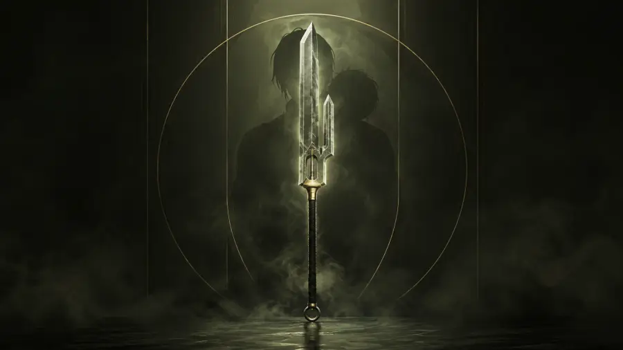 Glowing Futuristic Spear Centered in Front of a Ghostly Male Silhouette 4K wallpaper for desktop and mobile - Pixbee