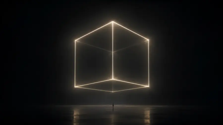 Glowing Wireframe Neon Cube and Silhouette Figure 4K wallpaper for desktop and mobile - Pixbee