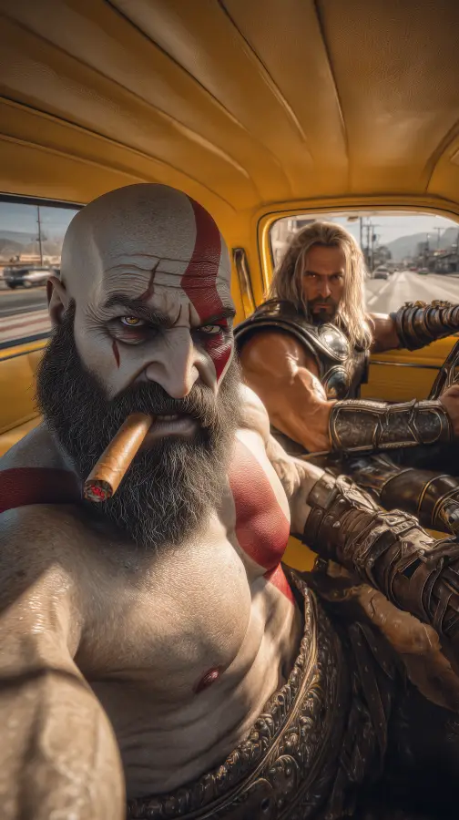 Gods on Road Trip - Kratos - Thor 4K wallpaper for desktop and mobile - Pixbee