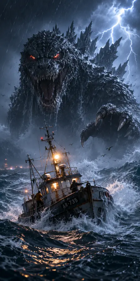 Godzilla Attacking Boat In Ocean Storm — stock images phone wallpaper
