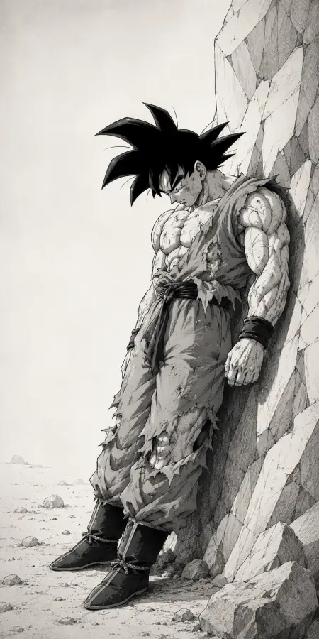 Goku Exhausted Leaning Against Cracked Stone Wall 4K wallpaper for desktop and mobile - Pixbee