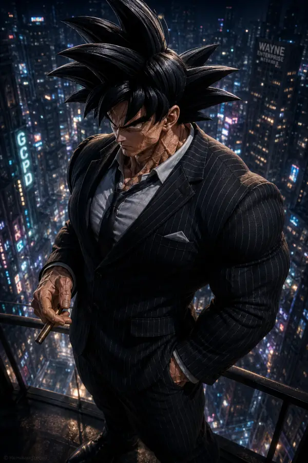 Goku Holding Cigar Over Gotham City Skyline 4K wallpaper for desktop and mobile - Pixbee