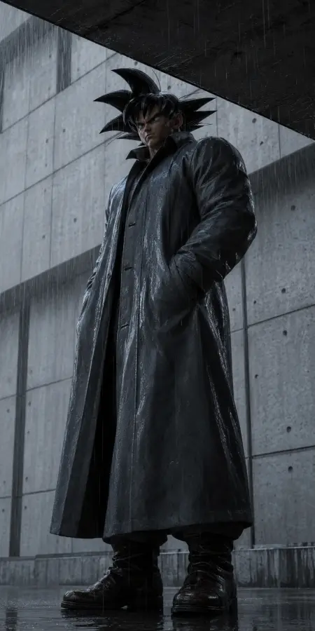 Goku In Long Trench Coat Wet Rain 4K wallpaper for desktop and mobile - Pixbee